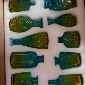 Vintage Green and Blue Glass Bottle Set